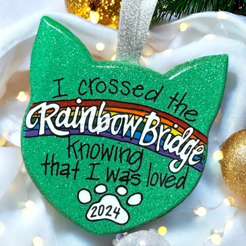 Purr-fect Tribute: Custom Hand-painted Rainbow Bridge Cat Ornament, Personalized